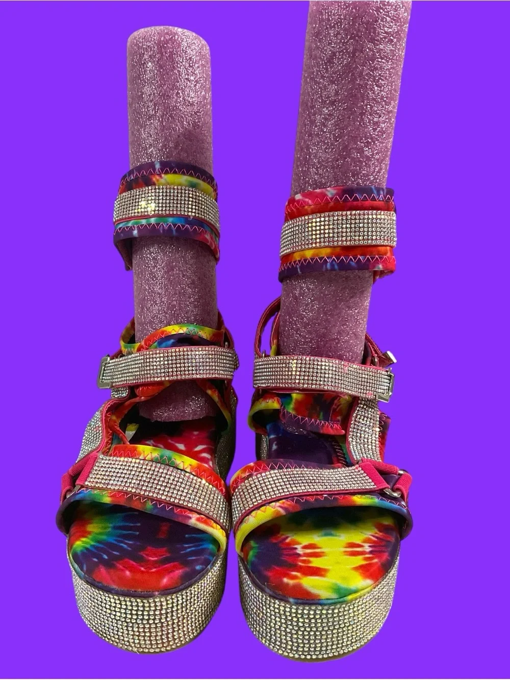 Azalea Wang Force Multicolor Tie-Dye Platform Sandals w/Rhinestone Straps Size 8
